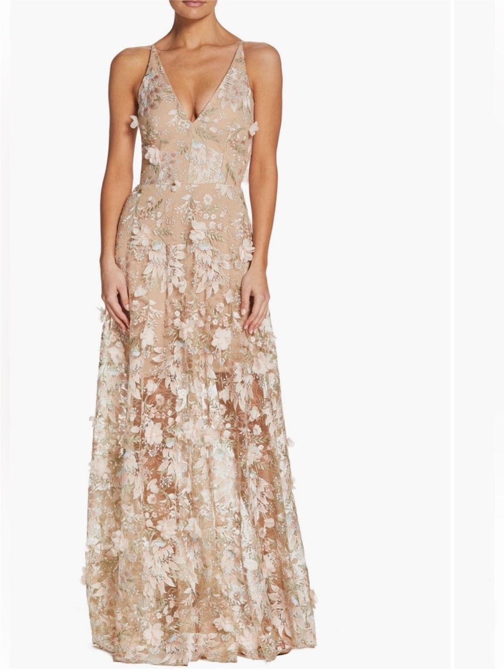 Dress The Population Sidney Embroidered 3D Floral Maxi Gown Dress Pink Cream